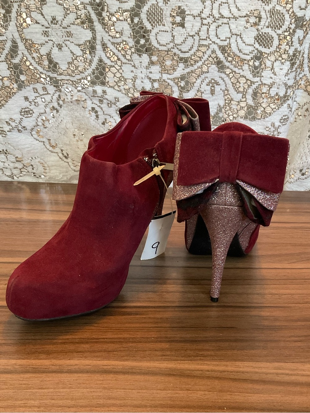 Bamboo Rhythm-73 Burgundy Glitter Bow Stiletto Booties Size 9 - Picture 9 of 9